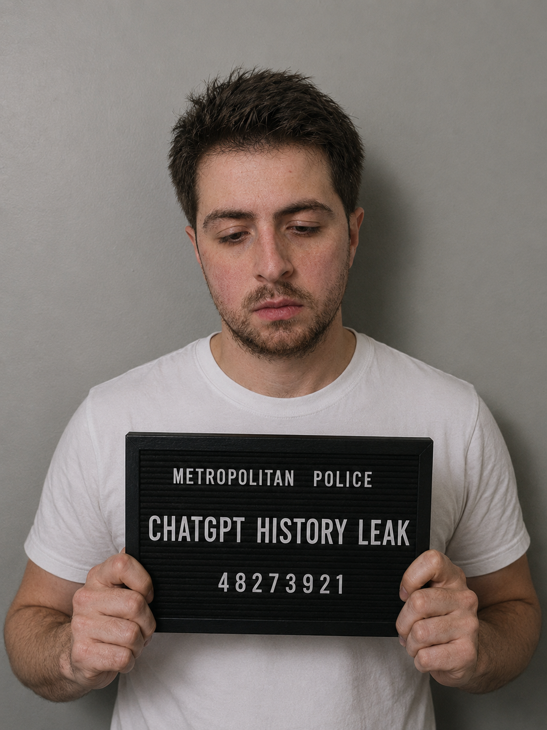 George Flood holding a fake ChatGPT history leak police board